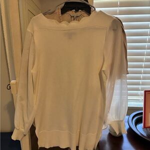 Cable & Gauge White Sweater with Sheer Sleeves